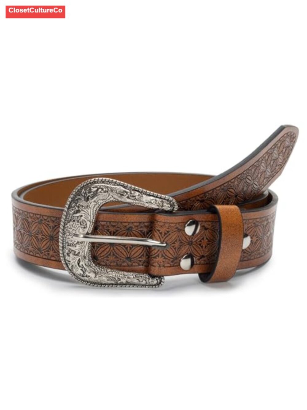Unisex Western Belt Adjustable Waist 28"-38" Floral Carved Buckle Zinc Alloy